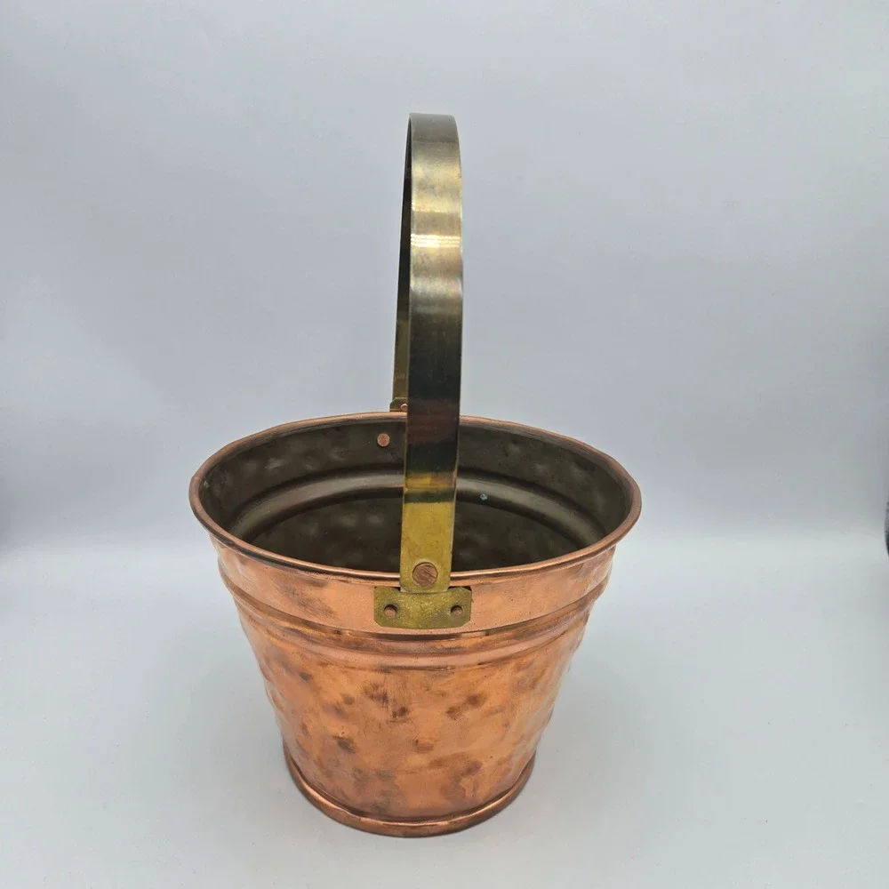 Vintage Artisan Made Hammered Copper Bucket Pail Brass Handle Signed CH 1991